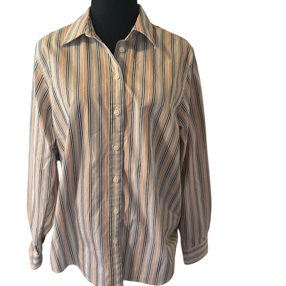 Orvis tan blue and orange stripes button up wrinkle free shirt size 12 - Picture 6 of 6